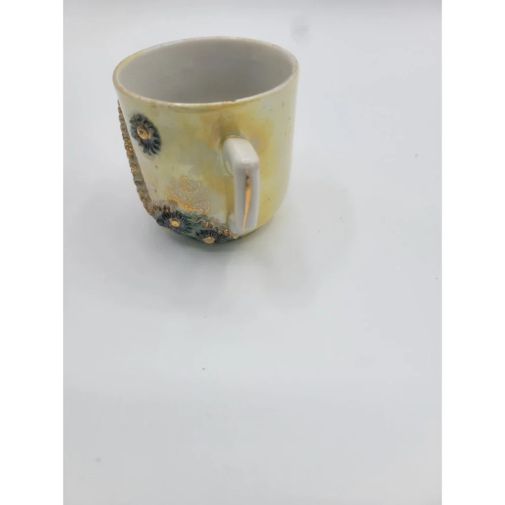 Vintage Moriage Lusterware Demitasse Cup Yellow Iridescent Gold Gilt Floral 3D